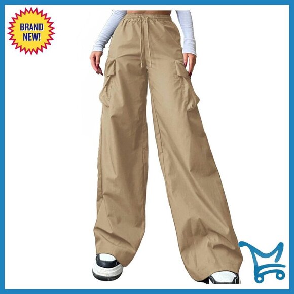 Pants - Women's Cargo Pants High Waist Wide Leg Drawstring Casual Streetwear
